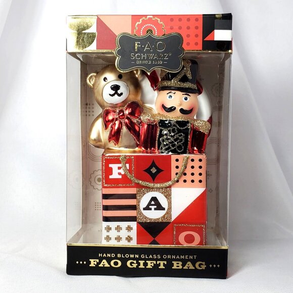 F.A.O. Schwarz Hand Blown Glass Ornament Nutcracker Teddy Bear FAO Gift Bag - Picture 2 of 8